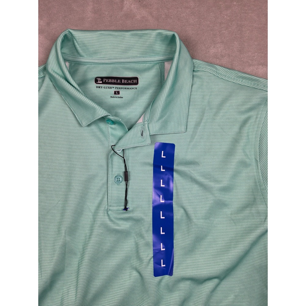 Pebble Beach Polo Shirt Mens L Green Striped Dry-Luxe Performance Short Sleeve